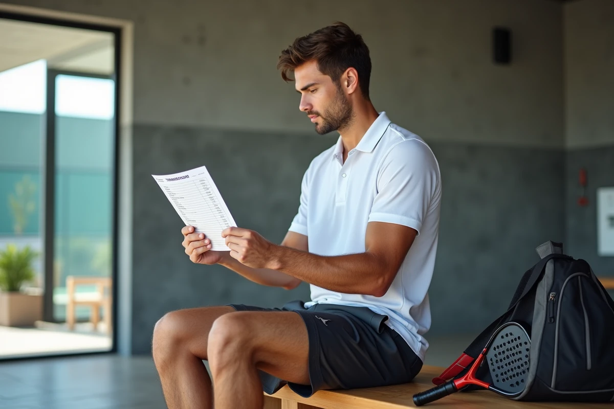 Joueur de padel analysant le classement et le barème de points d'un tournoi P250 dans le vestiaire d'un club
