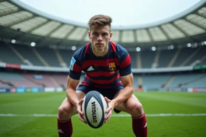 Jeune joueur de rugby U20 en position d'attaque tenant un ballon ovale sur un terrain de match de coupe du monde