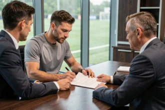 Joueur de football professionnel signant un contrat de transfert face à des dirigeants dans une salle de réunion moderne avec vue sur un terrain