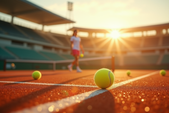 Joueur de tennis servant au lever du soleil sur terre battue