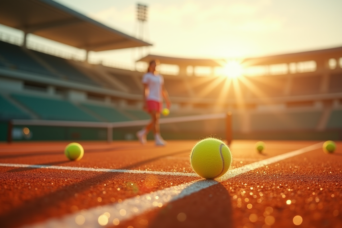 Joueur de tennis servant au lever du soleil sur terre battue