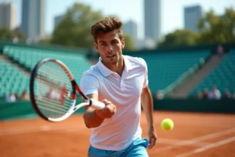 Jeune joueur de tennis en pleine action sur court extérieur