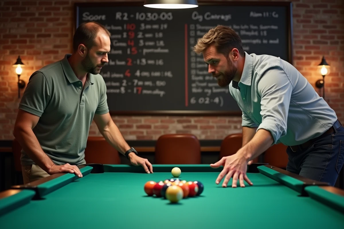 Deux joueurs de billard examinant le placement des boules en début de partie pour éviter un litige