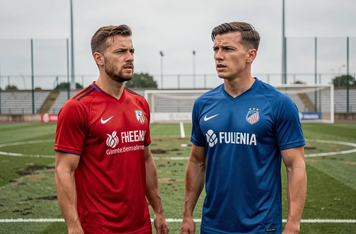 Deux joueurs de football en maillots adverses se préparant sur le terrain avant les demi-finales de la Coupe de France