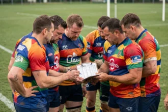 Joueurs de rugby en Fédérale 1 Poule 3 consultant le classement sur un clipboard en bord de terrain