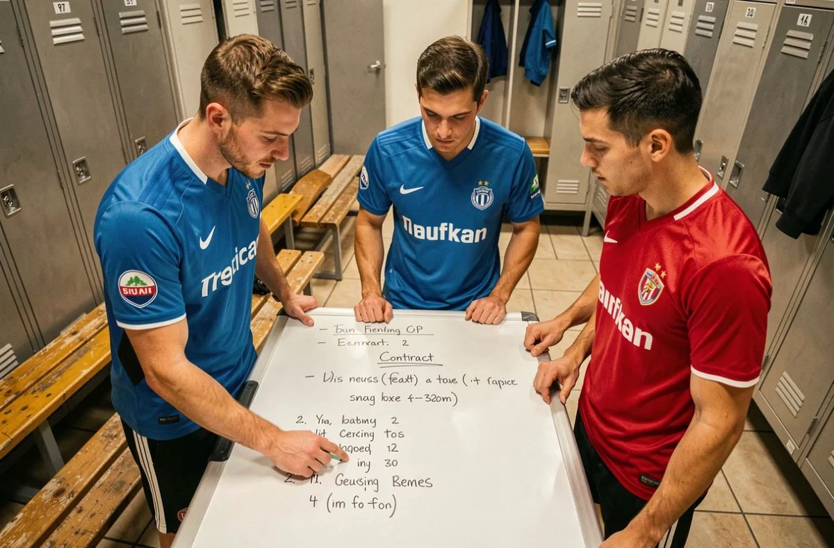 Groupe de joueurs de football discutant des options de transfert ou de prêt devant un tableau tactique dans un vestiaire professionnel