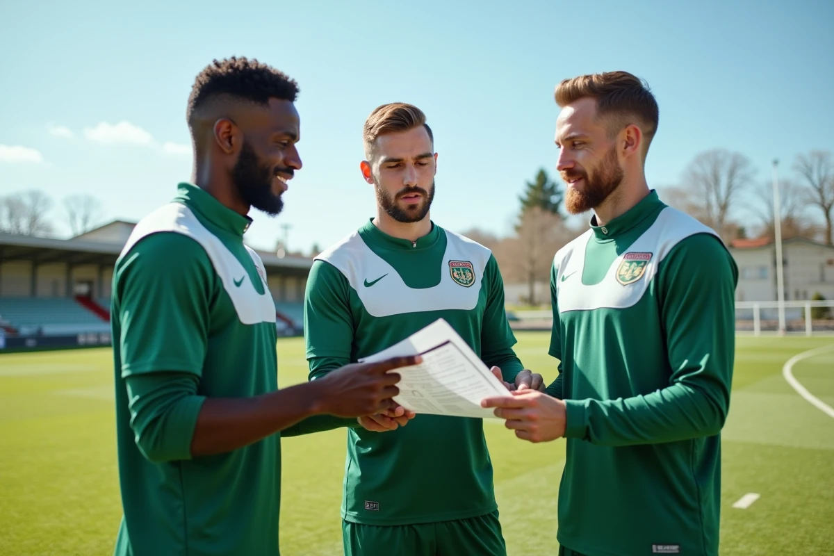 Trois joueurs de football adultes en maillot vert discutant d'un document d'inscription au championnat du District de l'Hérault sur un terrain de foot