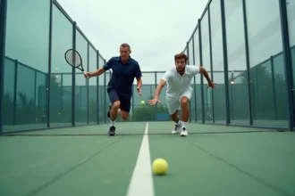 Deux joueurs de padel en plein match lors d'un tournoi P250, échangeant près de la vitre arrière d'un court extérieur