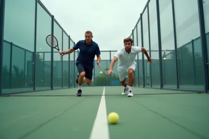 Deux joueurs de padel en plein match lors d'un tournoi P250, échangeant près de la vitre arrière d'un court extérieur