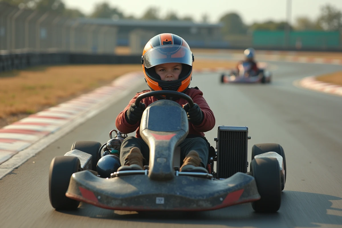 Adolescent au volant d'un kart de compétition en plein virage sur un circuit de karting près de Niort