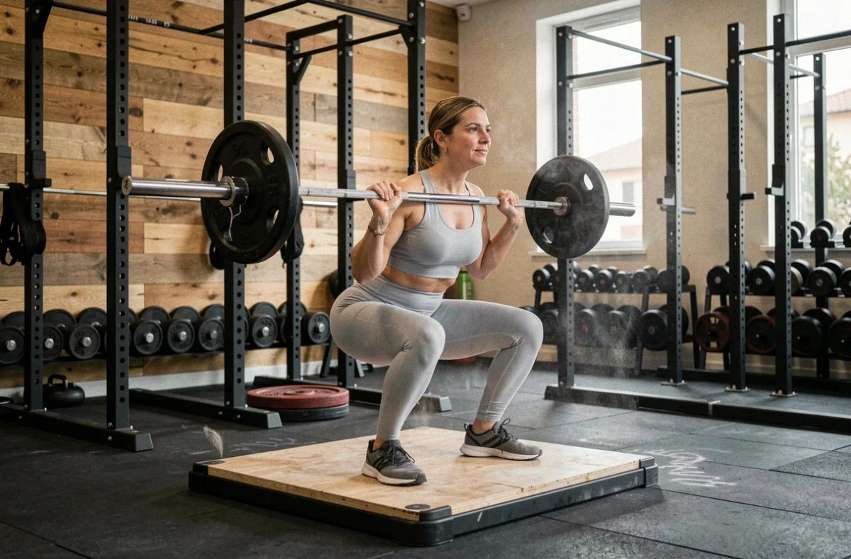 Une femme réalisant un squat avec barre dans La Salle à Thoiry, une salle de musculation à l'ambiance communautaire chaleureuse