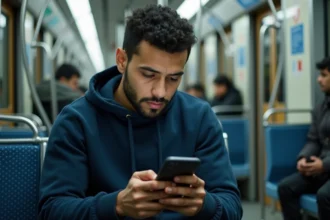 Homme lisant le journal de la compétition DZ en PDF sur son smartphone dans le métro