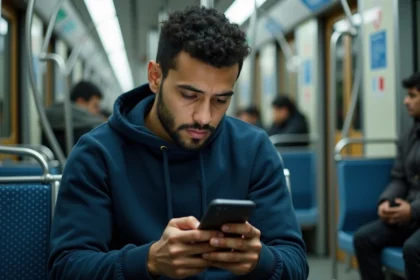 Homme lisant le journal de la compétition DZ en PDF sur son smartphone dans le métro