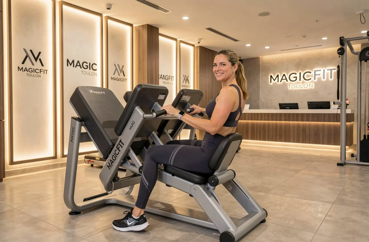 Une femme utilisant une presse à cuisses dans la salle haut de gamme MagicFit à Toulon