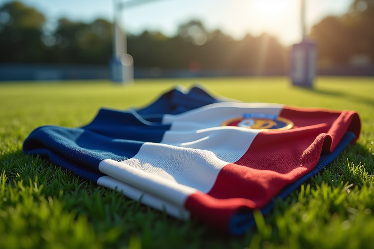 Maillot de rugby français moderne sur le terrain avec détails du tissu