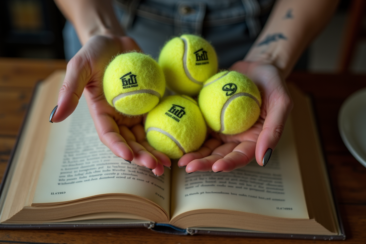 Mains de femme tenant quatre balles de tennis sur livre