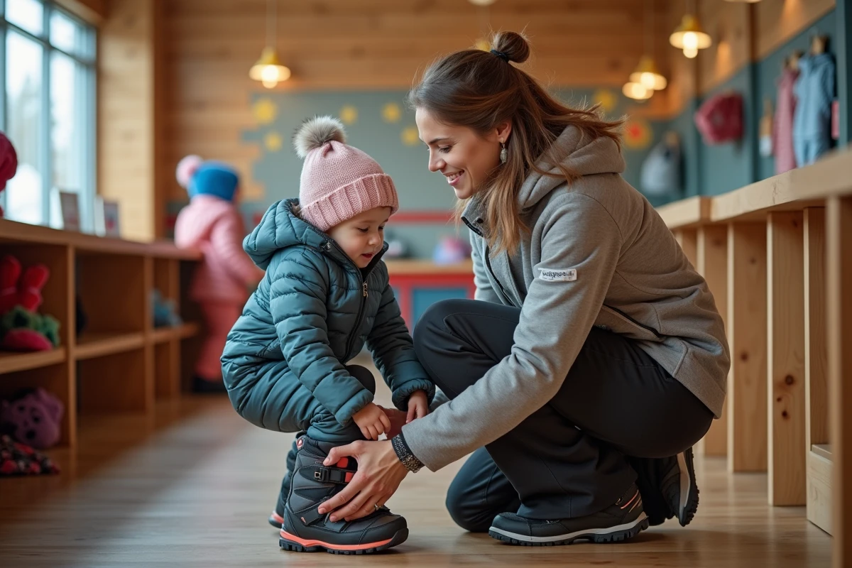 Maman aidant sa fille à mettre ses bottes de ski dans une garderie