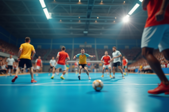Match de handball intense en action dans un gymnase lumineux