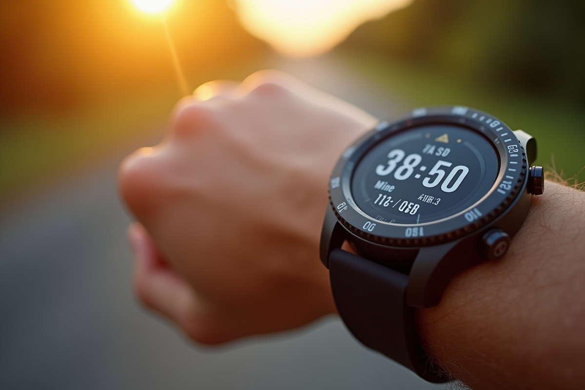 Zoom sur une montre connectee affichant la distance en miles et kilometres