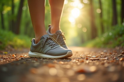 Chaussures confortables marche dans la forêt ensoleillée