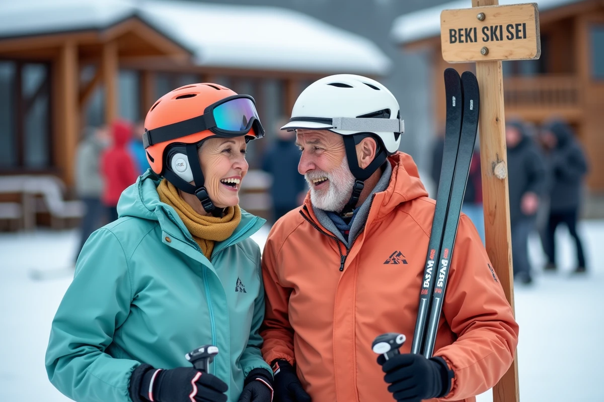Couple de seniors riant ensemble lors d'une pause en patinette ski sur une piste débutante d'une station de montagne française
