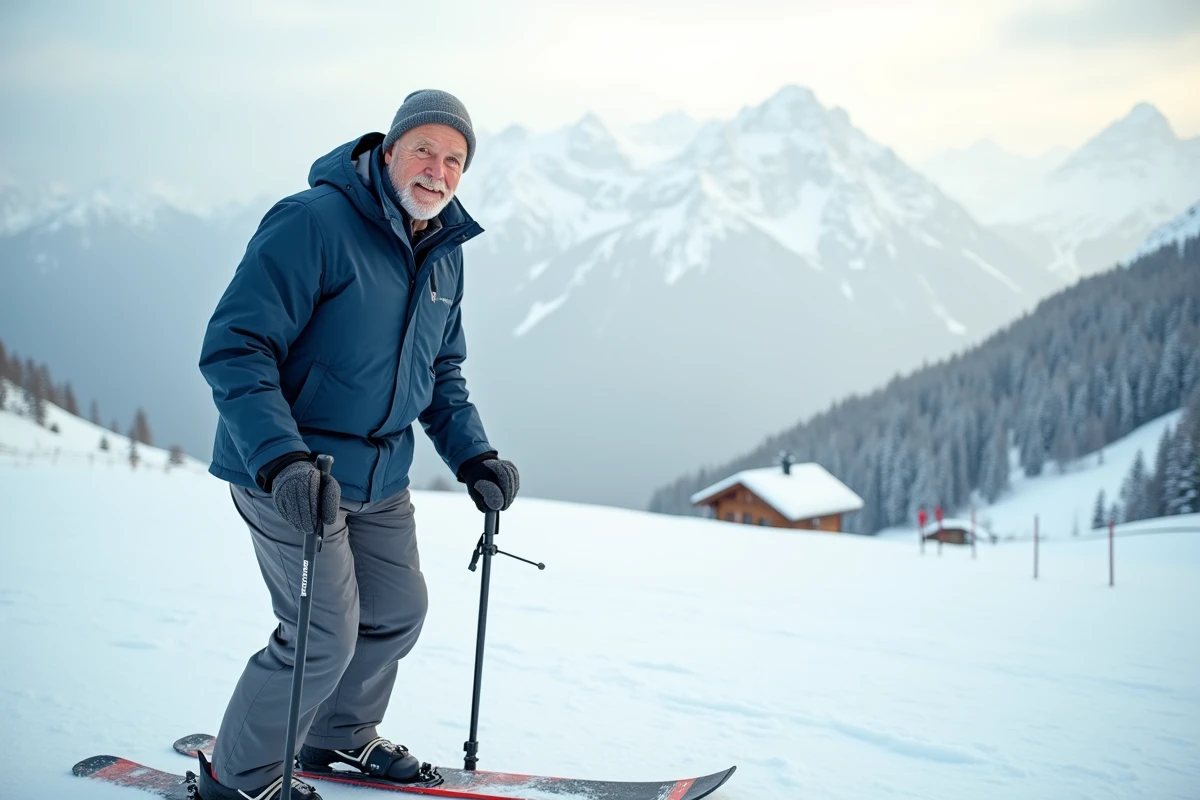 Senior homme en patinette ski au sommet d'une piste douce avec panorama montagneux enneigé en arrière-plan