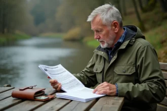 Pêcheur vérifiant le prix de sa carte de pêche 2026 avec des documents officiels posés sur une table en bois près d'une rivière
