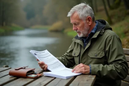Pêcheur vérifiant le prix de sa carte de pêche 2026 avec des documents officiels posés sur une table en bois près d'une rivière