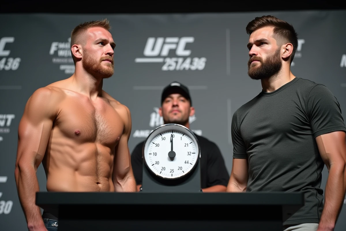 Deux combattants UFC lors d'une pesée officielle sur un podium avant un championnat de catégorie de poids