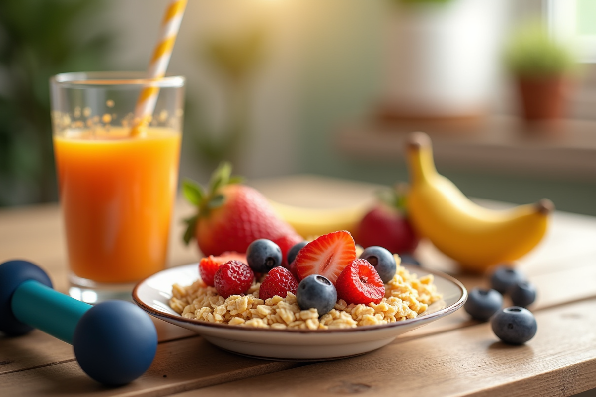 Petit déjeuner sain avec fruits et smoothie au matin