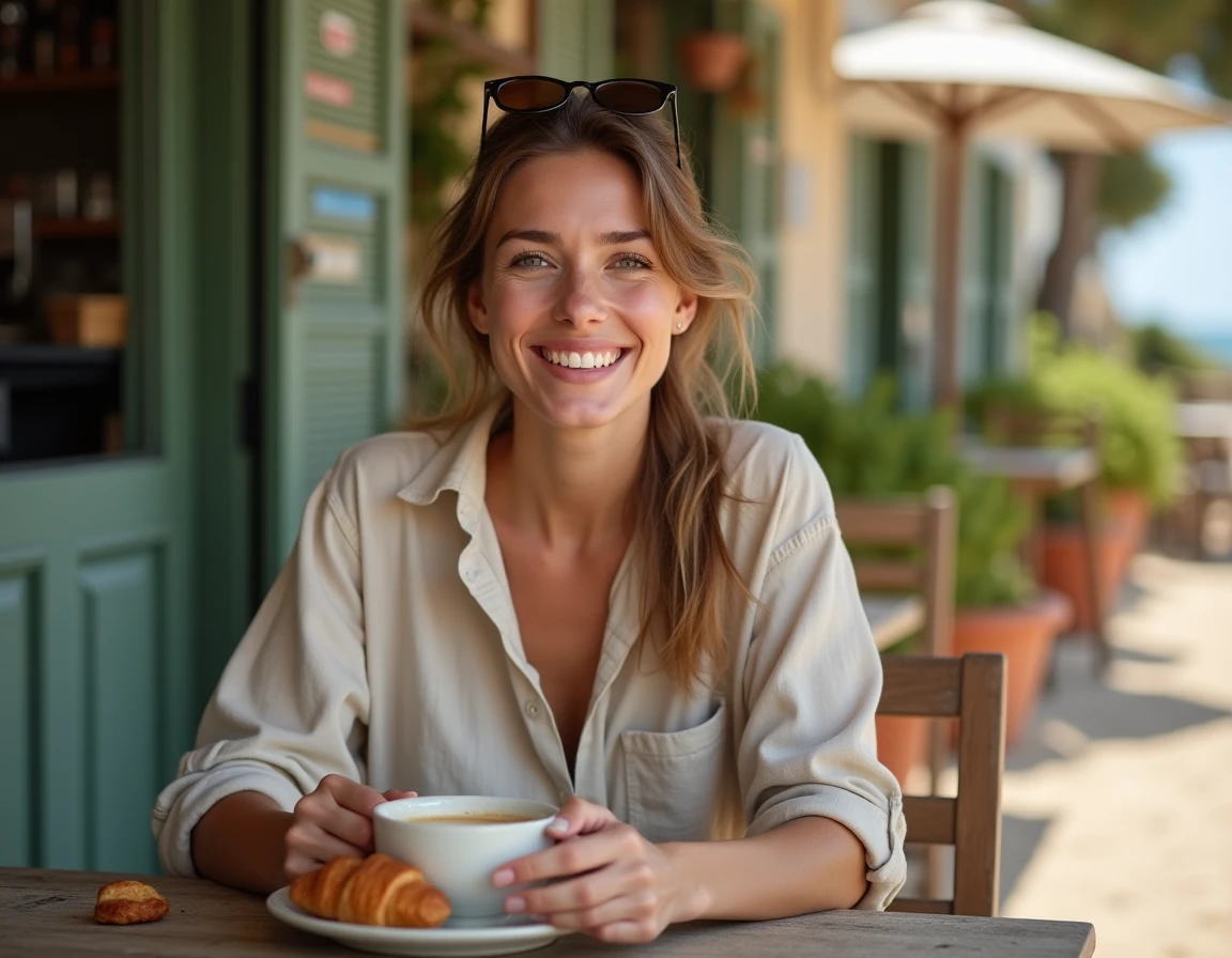 Femme prenant son petit-déjeuner en terrasse dans un café de Montalivet pendant un week-end
