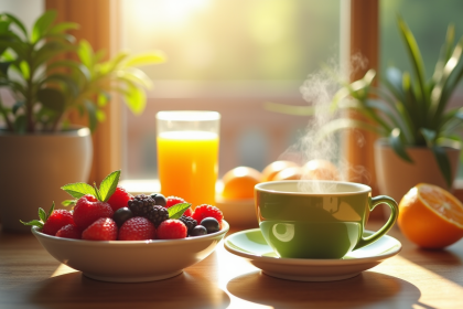 Petit déjeuner avec jus d'orange frais et fruits colorés