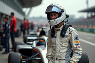 Jeune pilote de course en tenue de course près d'une voiture de formule