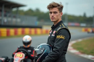 Jeune pilote en combinaison de course debout à côté de son kart de compétition sur un circuit de karting à Niort
