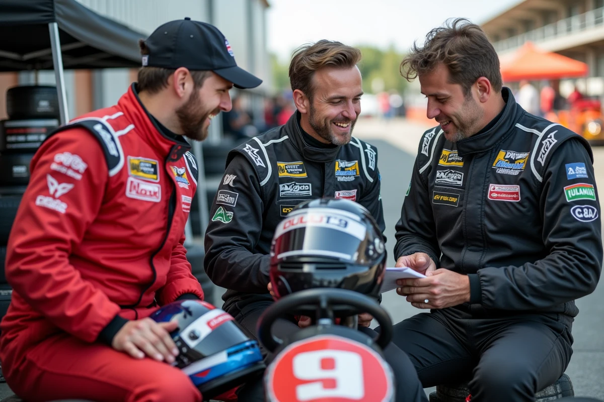 Groupe de pilotes amateurs en tenue de course discutant autour d'un kart dans le paddock lors d'une compétition de karting à Niort