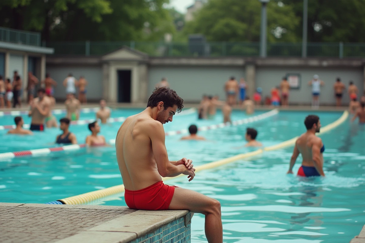 Piscine des Buttes-aux-Cailles bondée à midi avec de nombreux nageurs dans les couloirs, ambiance estivale parisienne