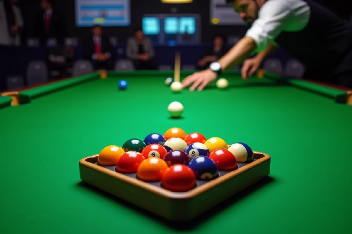 Gros plan sur le placement réglementaire des boules de billard en triangle sur un tapis vert lors d'un arbitrage