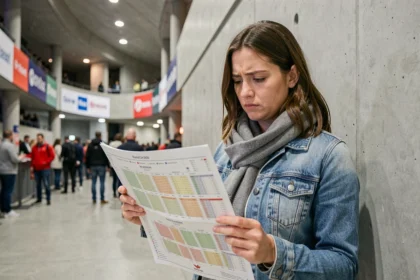 Femme consultant un plan de salle dans le couloir de la Bercy Arena pour choisir ses places