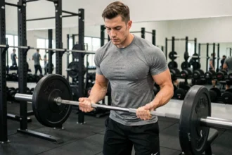 Jeune homme évaluant le poids d'une barre de musculation olympique dans une salle de sport équipée