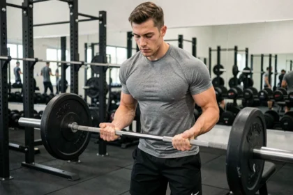 Jeune homme évaluant le poids d'une barre de musculation olympique dans une salle de sport équipée