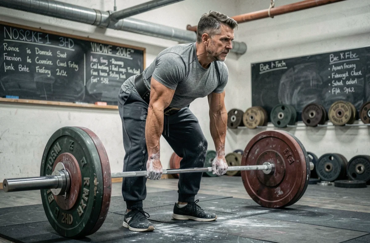 Powerlifter expérimenté se préparant à soulever une barre de musculation chargée de poids lourds en salle de force