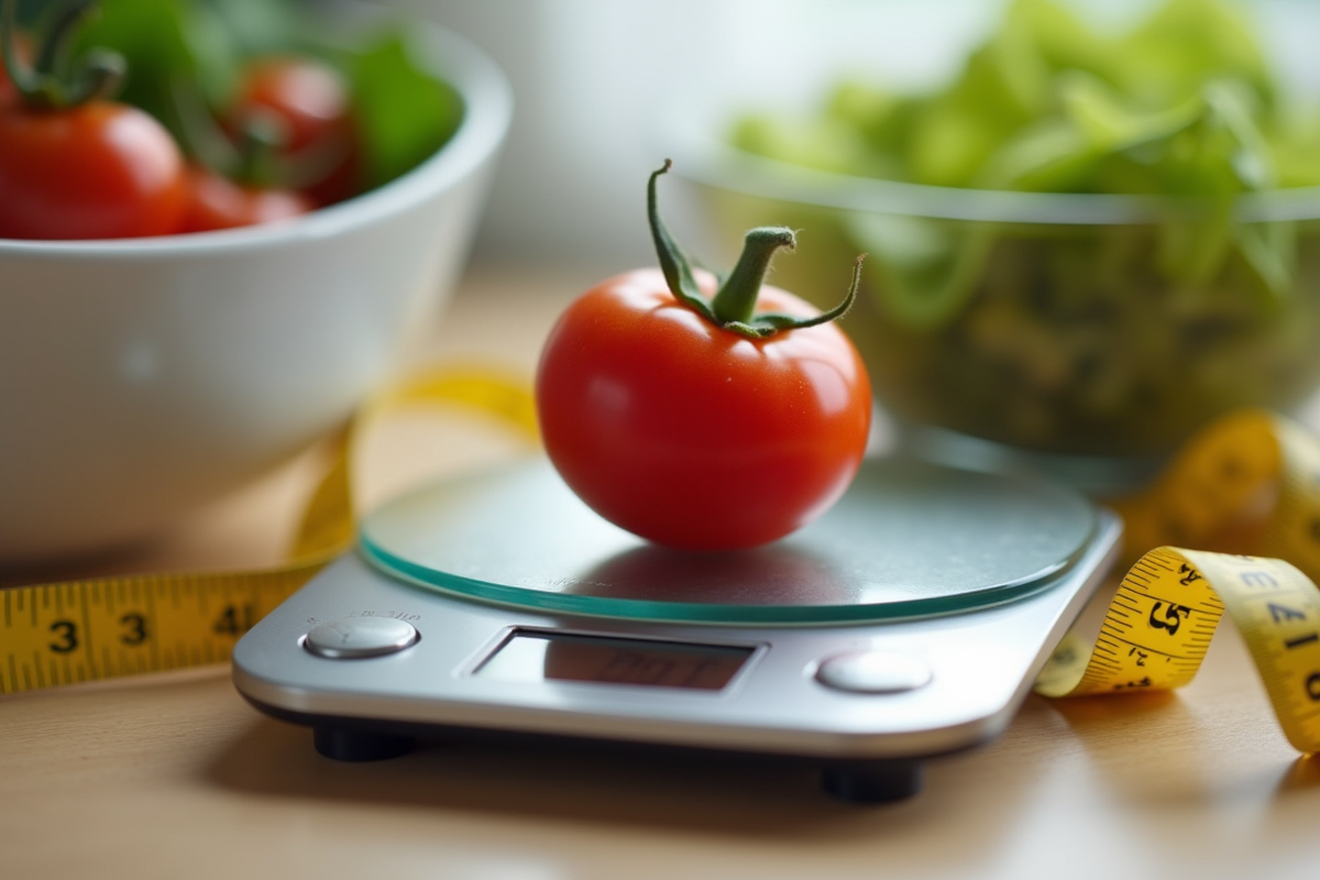 Tomate cerise sur balance de cuisine avec bol et ruban