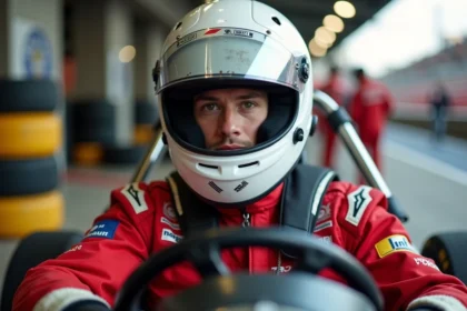 Jeune pilote amateur au volant d'une voiture de course sur circuit lors de sa première expérience en compétition automobile