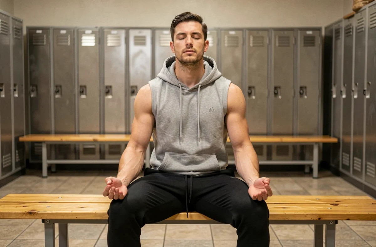 Athlète masculin en méditation de préparation mentale dans un vestiaire de salle de sport, symbolisant la concentration avant l'effort