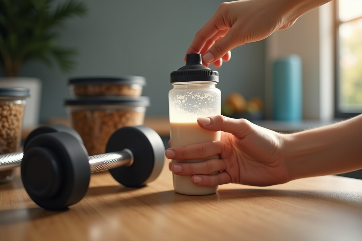 Mains tenant une bouteille de shake et haltères