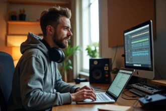 Producteur de musique utilisant un logiciel de beatmaking sur ordinateur dans un home studio