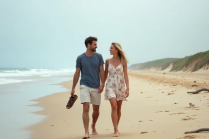 Couple se promenant pieds nus sur la plage de Montalivet lors d'un week-end en Médoc
