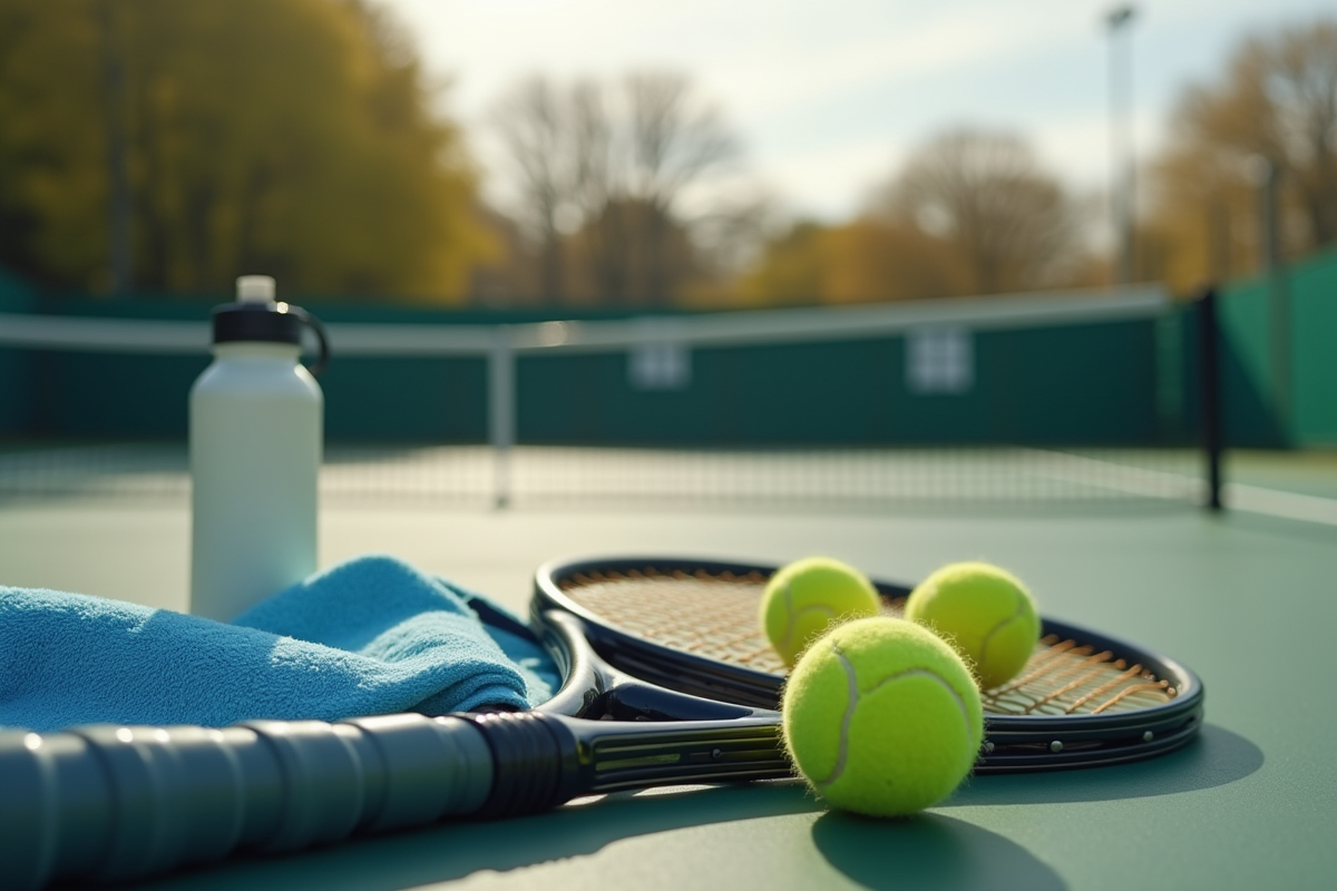 Raquette et balles de tennis sur banc avec accessoires de sport
