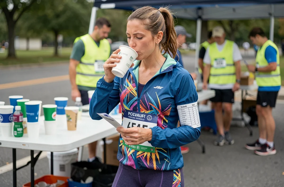 Coureuse s'hydratant à un ravitaillement de semi-marathon avec tableau d'allures noté sur le bras