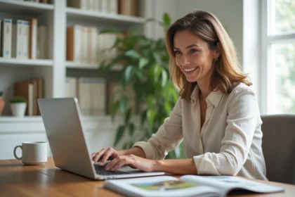 Rédactrice golf concentrée tapant un article de blog sur son ordinateur portable dans un bureau à domicile